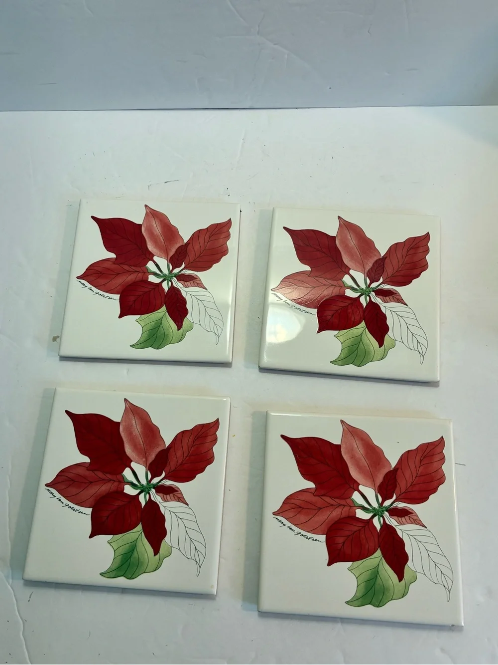 Vintage Mary Lou Goertzen Poinsettia Tile Coasters — Set of 7